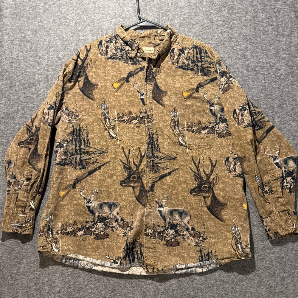 Rugged Earth Vtg Graphic Hunting Shirt Mens XL brown cotton button up Deer Guns